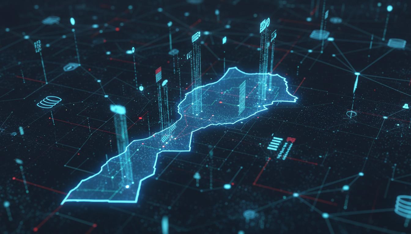 Vue holographique du territoire marocain avec flux de données numériques et réseaux interconnectés représentant l'écosystème open data au Maroc