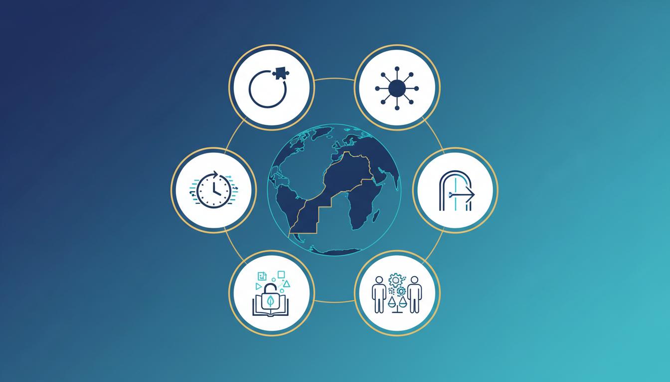 Infographie illustrant les 8 principes de l'Open Data disposés en cercle autour d'un globe centré sur le Maroc et l'Afrique