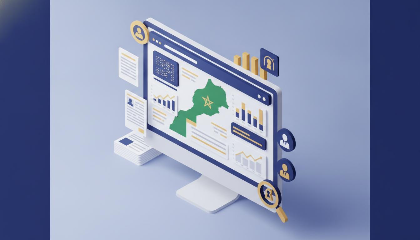 Écran d'ordinateur affichant un tableau de bord de données ouvertes avec la carte complète du Maroc, des graphiques et des statistiques en style isométrique 3D