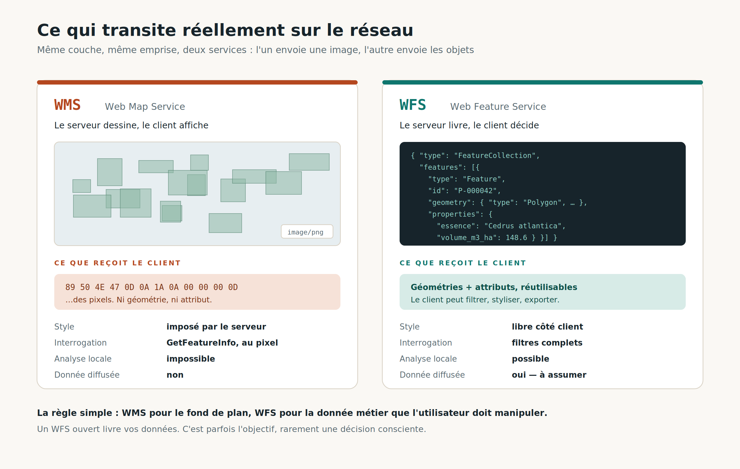 Comparaison côte à côte de ce que renvoient un service WMS et un service WFS pour la même couche : une image PNG d'un côté, un FeatureCollection GeoJSON de l'autre