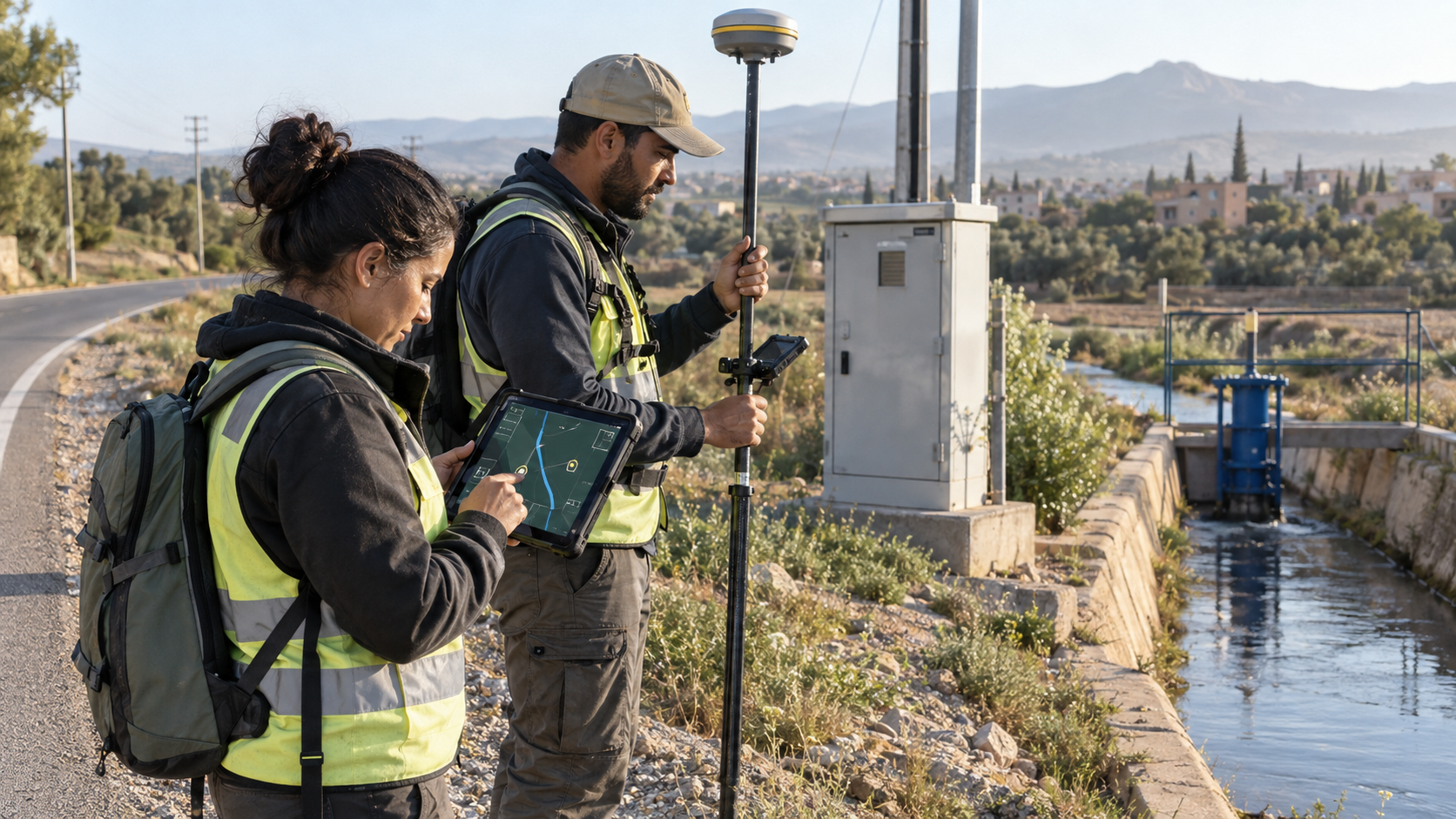 Deux géomaticiens contrôlant sur le terrain un équipement d’irrigation avec un récepteur GNSS RTK et une tablette SIG