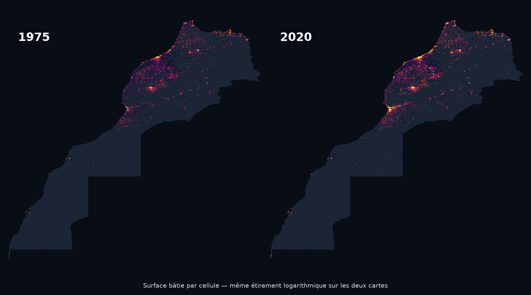 Deux cartes nationales comparent la surface bâtie du Maroc en 1975 et en 2020 avec la même échelle de couleurs.