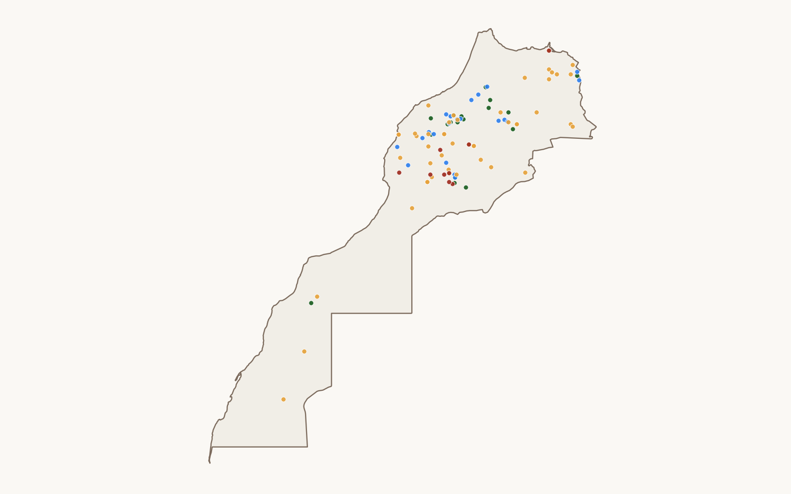 Carte du Maroc montrant la répartition des sites MRDS selon la qualité documentaire B, C, D ou E.